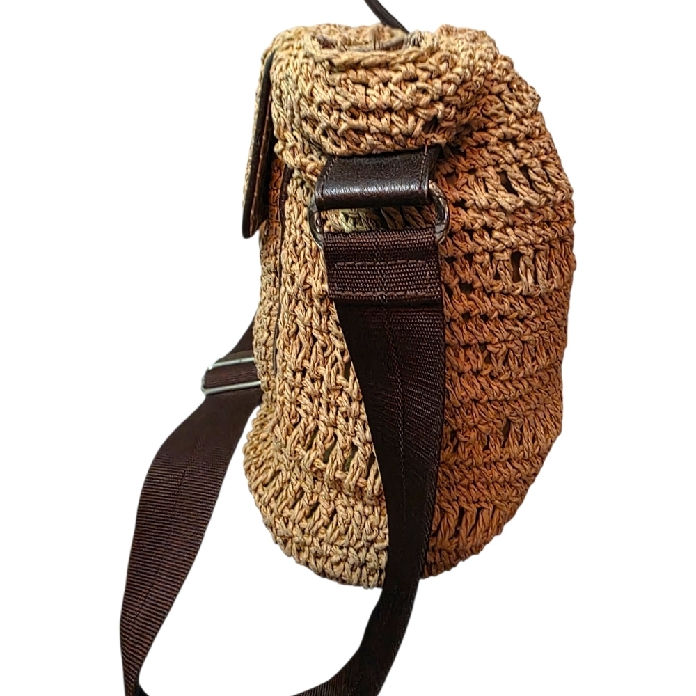 RARE Brighton Raffia Straw Crossbody Bag Boho Luxe Leather Heart Embossed Vintag - Picture 6 of 16